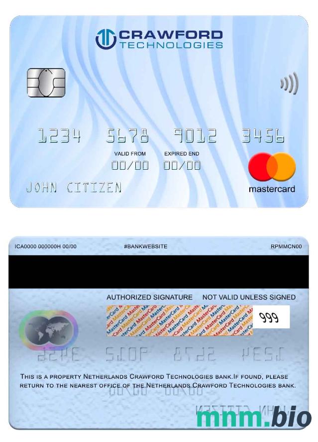 Netherlands (Holland) Crawford Technologies Bank przykład karty mastercard w formacie PSD